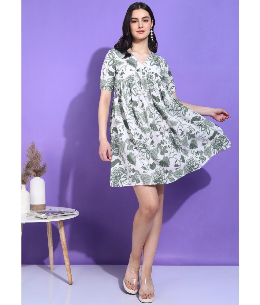     			Hiva Trendz Cotton Blend Printed Above Knee Women's Fit & Flare Dress - Mint Green ( Pack of 1 )