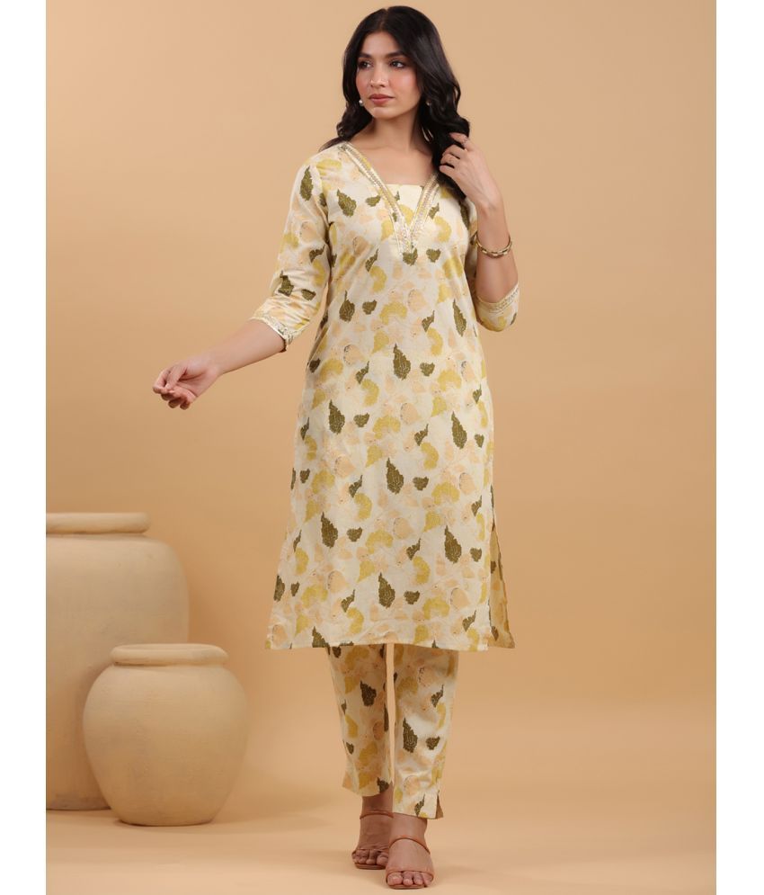     			Janasya Cotton Printed Kurti With Pants Women's Stitched Salwar Suit - Cream ( Pack of 1 )