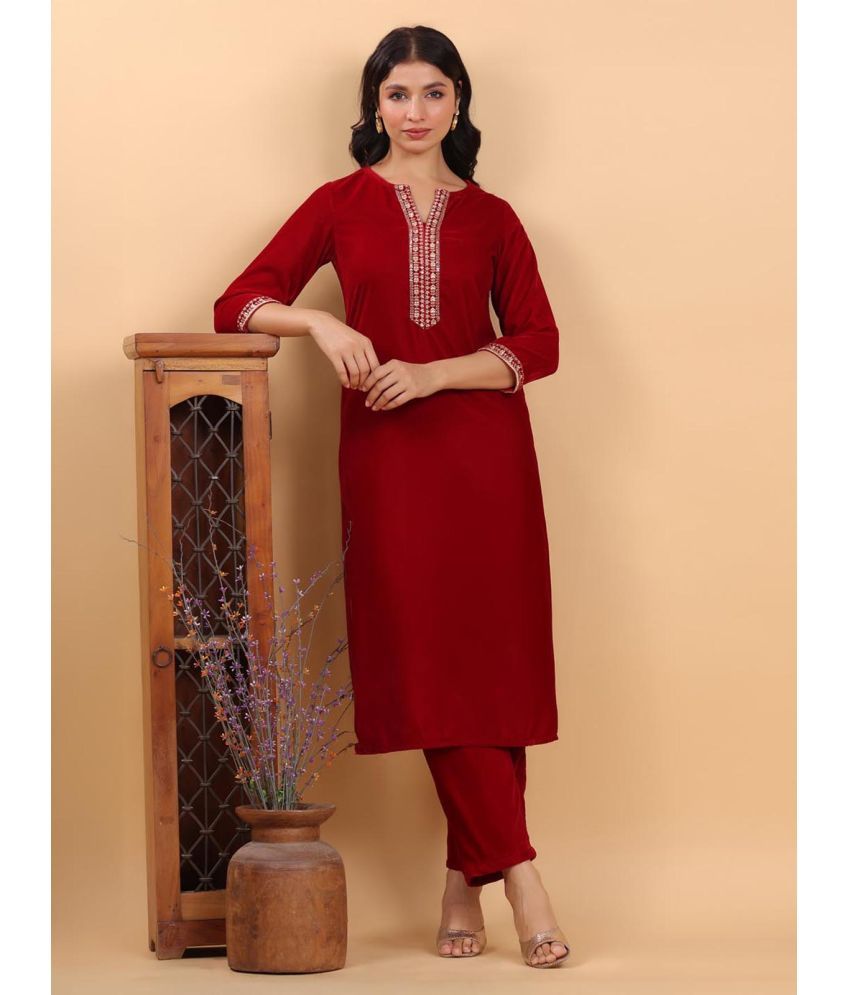     			Janasya Velvet Embellished Kurti With Pants Women's Stitched Salwar Suit - Red ( Pack of 1 )