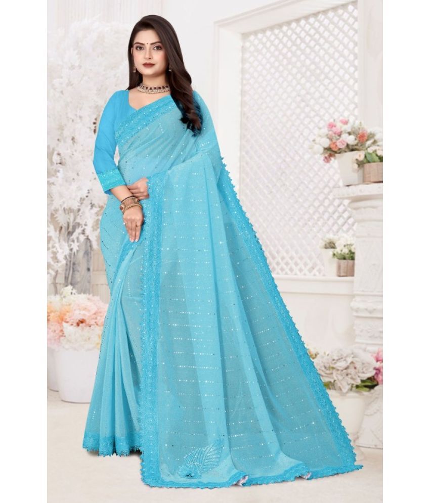     			KV Fashion Lycra Embellished Saree With Blouse Piece ( SkyBlue , Pack of 1 )