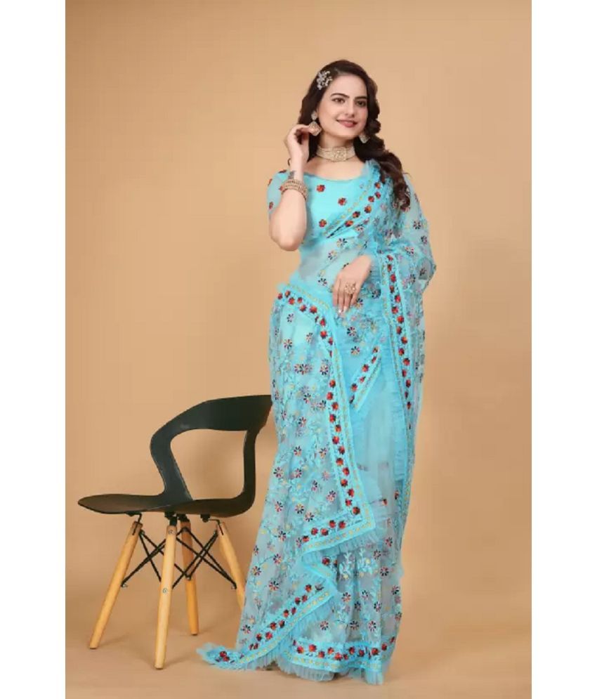     			KV Fashion Net Embroidered Saree With Blouse Piece ( SkyBlue , Pack of 1 )