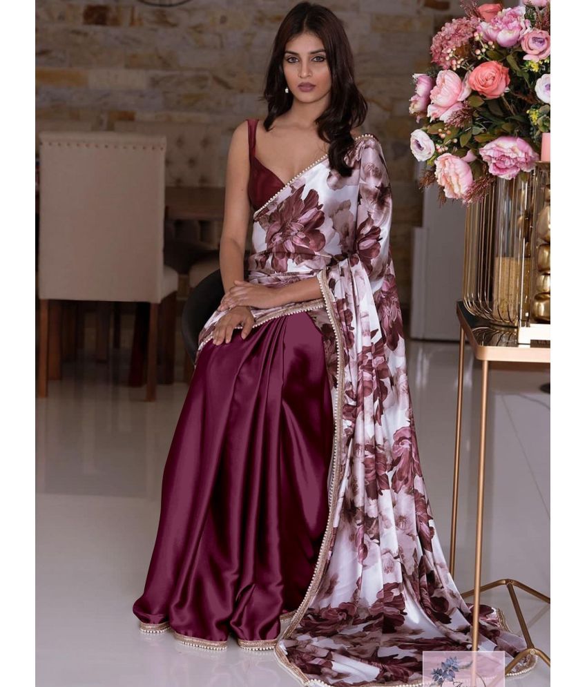     			KV Fashion Satin Printed Saree With Blouse Piece ( Wine , Pack of 1 )