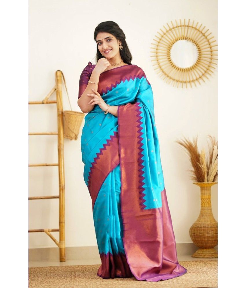     			KV Fashion Silk Blend Embellished Saree With Blouse Piece ( SkyBlue , Pack of 1 )