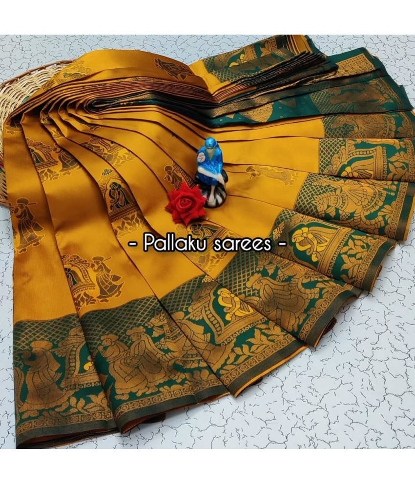     			KV Fashion Silk Blend Solid Saree With Blouse Piece ( Yellow , Pack of 1 )