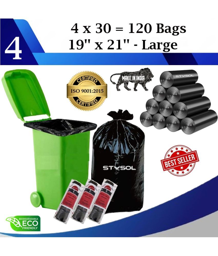     			120 Bags (4 Rolls) Premium Biodegradable Garbage Bags 19 X 21 Inches (Medium Size)  Dustbin Bag/Trash Bag - Black Color