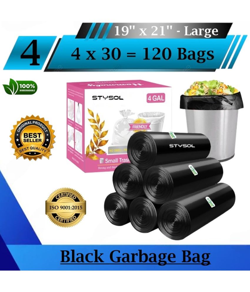     			INDIA Premium Biodegradable Garbage Bags 19 X 21 Inches (Medium Size) 120 Bags (4 Rolls) Dustbin Bag/Trash Bag - Black Color