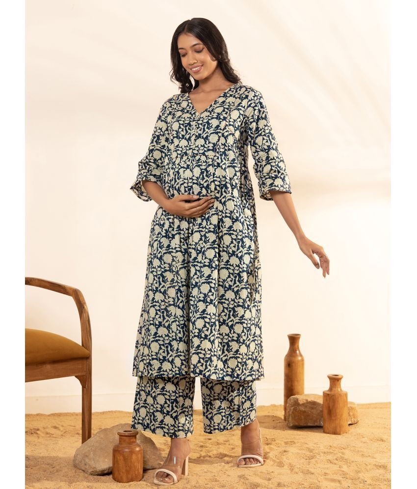     			Janasya Blue Cotton Maternity Kurta Suit Set Single