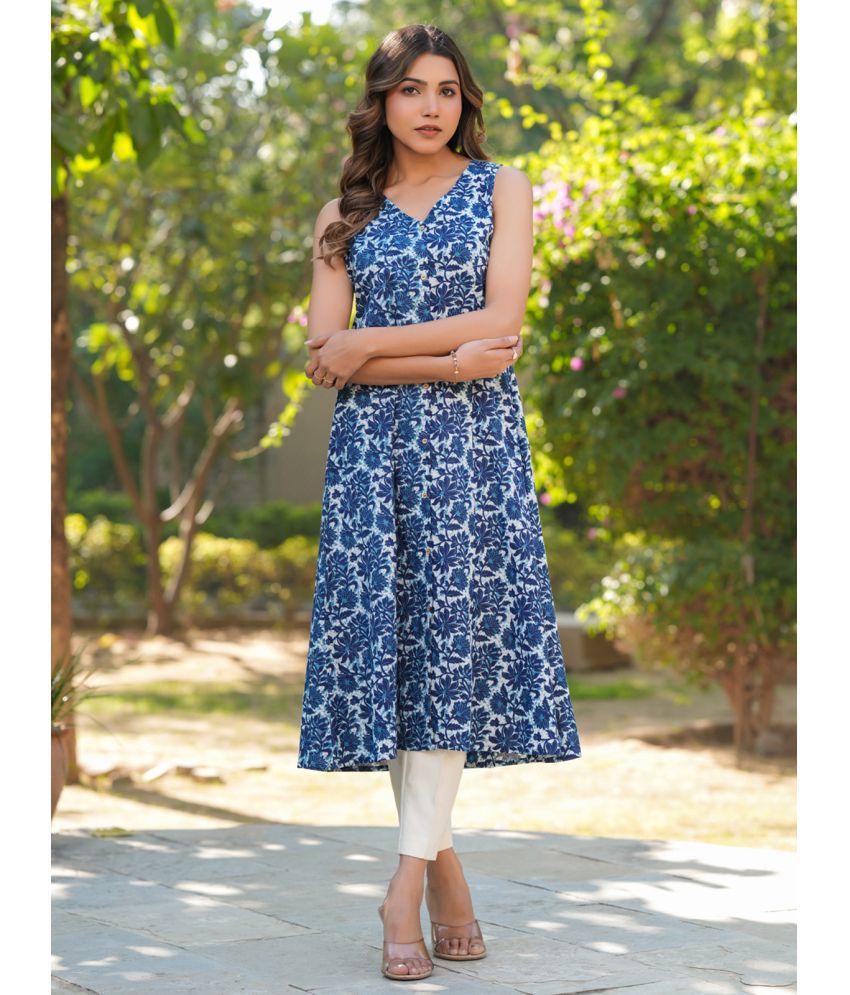     			Janasya Pack of 1 Cotton Printed Front Slit Women's Kurti - ( Blue )