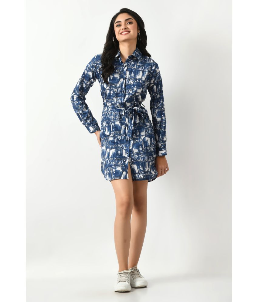     			Lihana Crepe Printed Above Knee Women's Shirt Dress - Blue ( Pack of 1 )