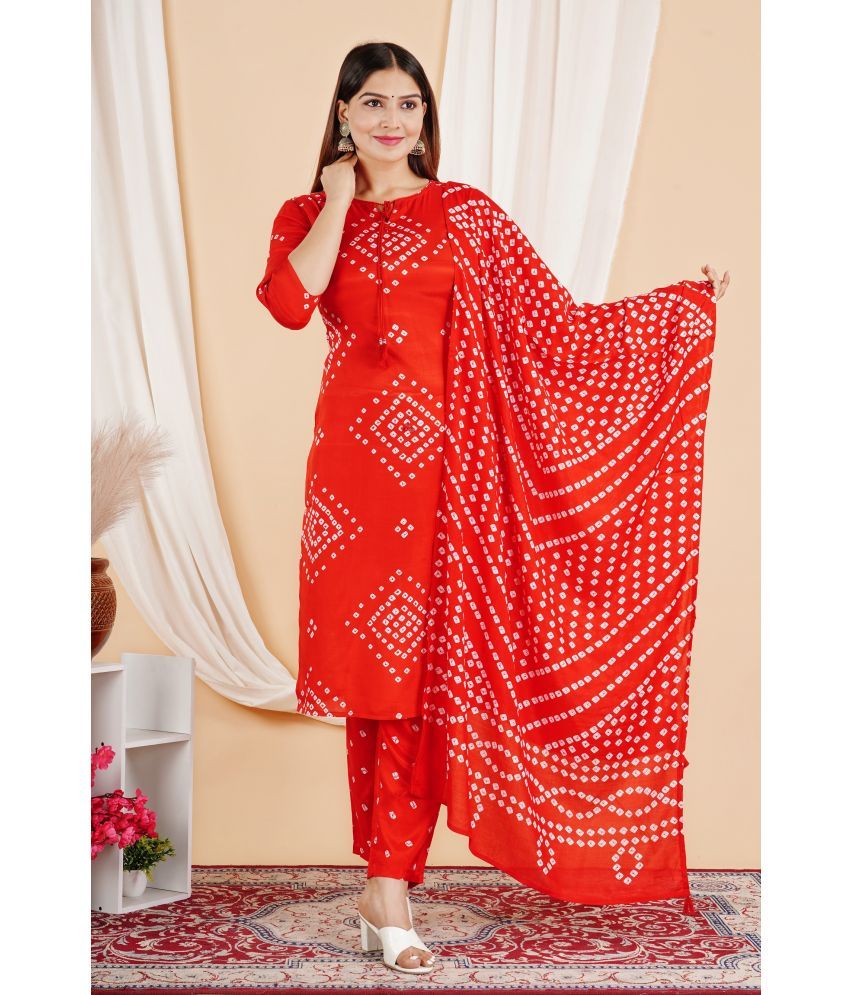     			STYLLOW Viscose Embroidered Kurti With Pants Women's Stitched Salwar Suit - Red ( Pack of 3 )