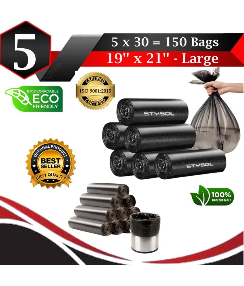     			Waste Disposal Biodegradable Garbage Bags 19 X 21 Inches (Medium Size) 120 Bags (5 Rolls) Dustbin Bag/Trash Bag - Black Color