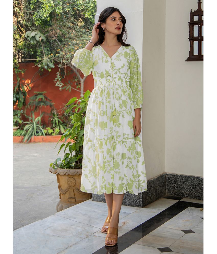     			Janasya Georgette Printed Calf-Length Women's Fit & Flare Dress - Green ( Pack of 1 )