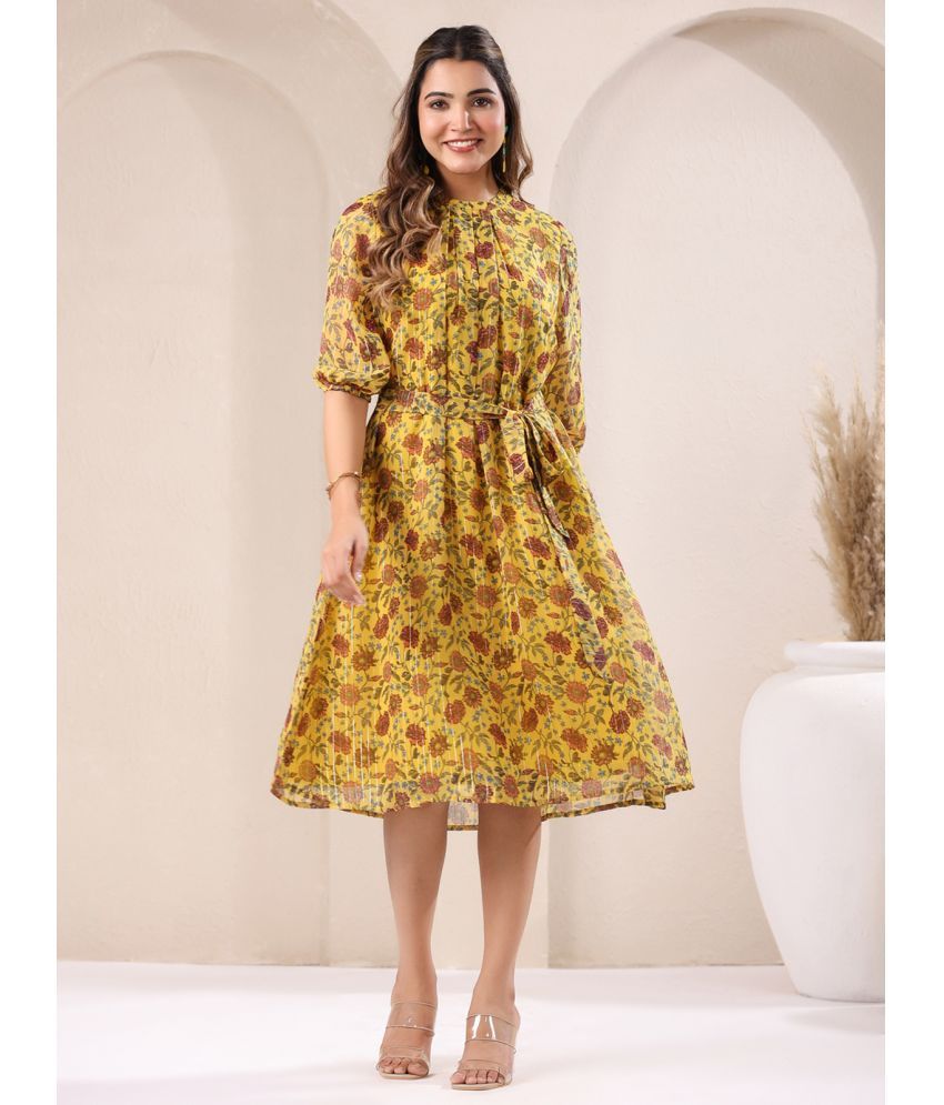     			Janasya Georgette Printed Calf-Length Women's A-line Dress - Mustard ( Pack of 1 )