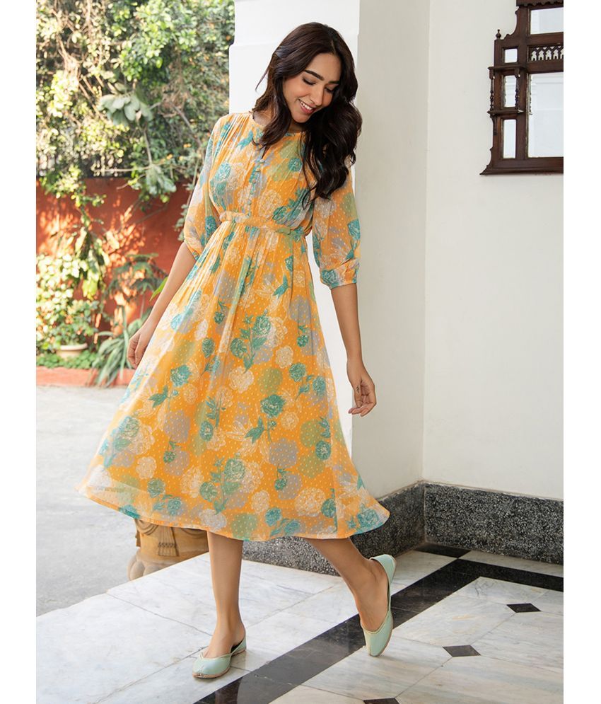     			Janasya Georgette Printed Calf-Length Women's Fit & Flare Dress - Mustard ( Pack of 1 )