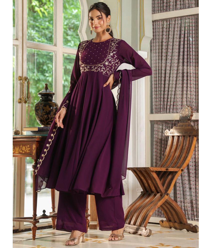     			Janasya Georgette Solid Kurti With Palazzo Women's Stitched Salwar Suit - Purple ( Pack of 1 )