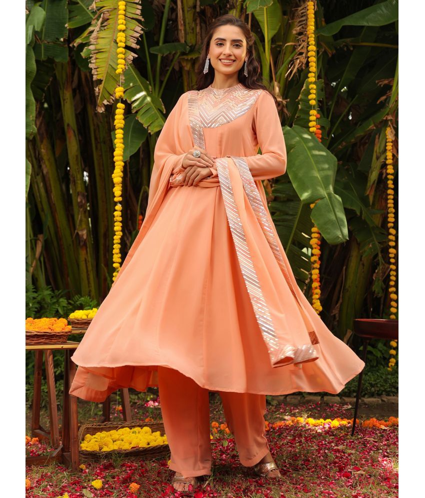     			Janasya Georgette Solid Kurti With Pants Women's Stitched Salwar Suit - Peach ( Pack of 1 )