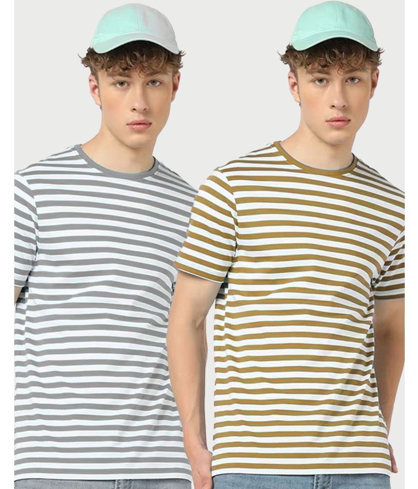     			ADORATE Cotton Blend Regular Fit Striped Half Sleeves Men's Round T-Shirt - Beige ( Pack of 2 )