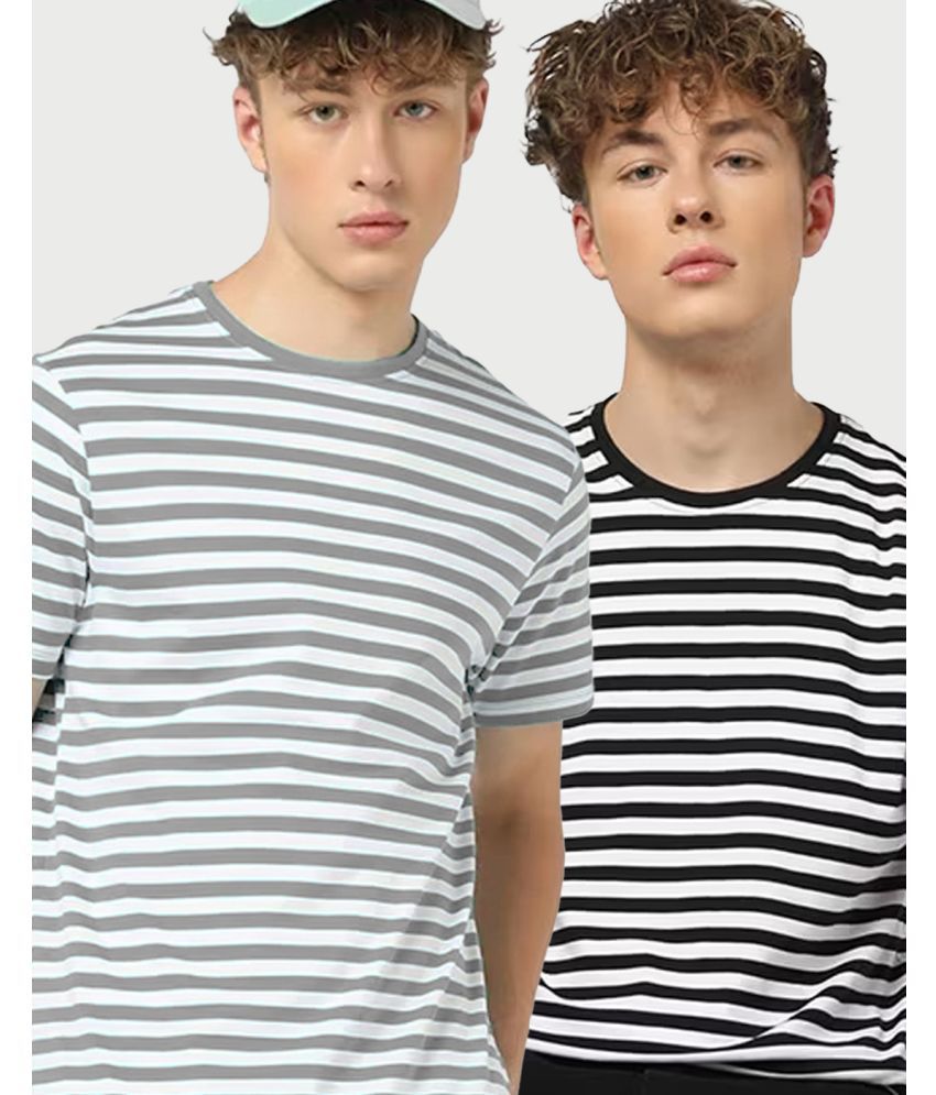     			ADORATE Cotton Blend Regular Fit Striped Half Sleeves Men's Round T-Shirt - Black ( Pack of 2 )