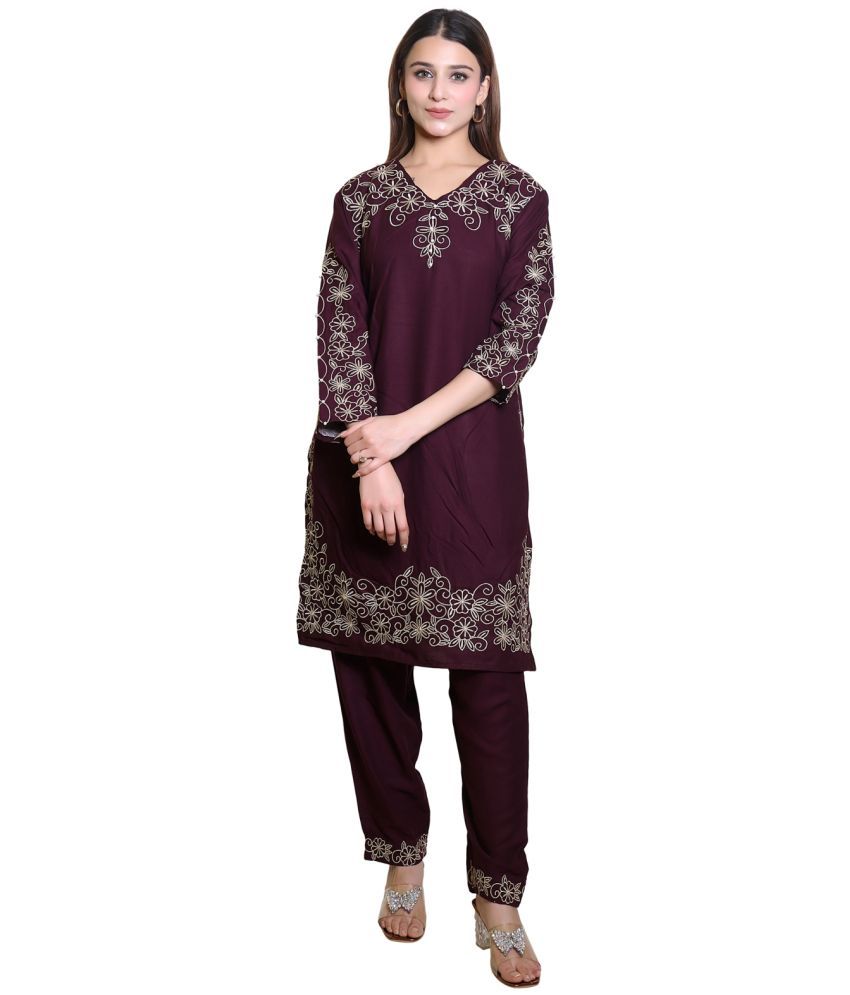     			HeteShe Cotton Embroidered Kurti With Pants Women's Stitched Salwar Suit - Burgundy ( Pack of 1 )