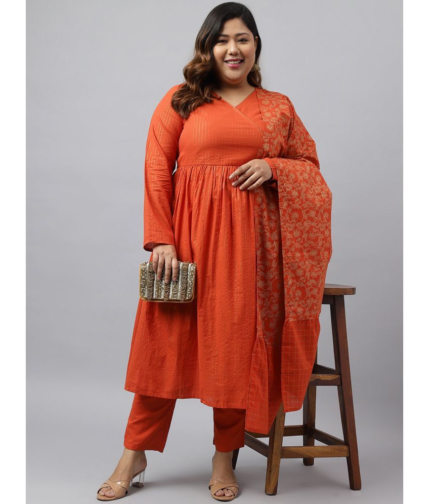     			Janasya Cotton Striped Kurti With Pants Women's Stitched Salwar Suit - Rust ( Pack of 1 )