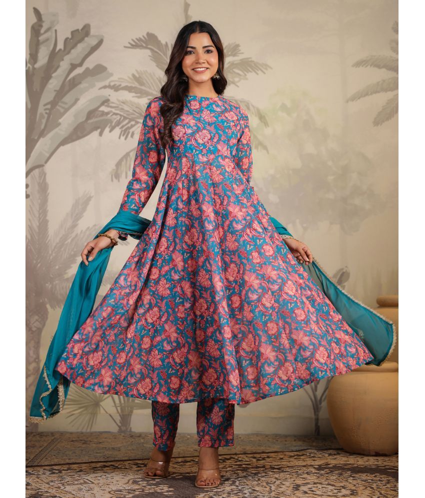     			Janasya Georgette Printed Kurti With Pants Women's Stitched Salwar Suit - Teal ( Pack of 1 )