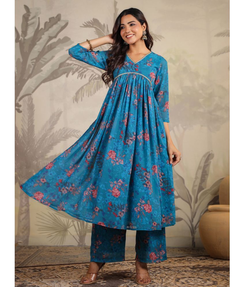     			Janasya Georgette Printed Kurti With Pants Women's Stitched Salwar Suit - Blue ( Pack of 1 )