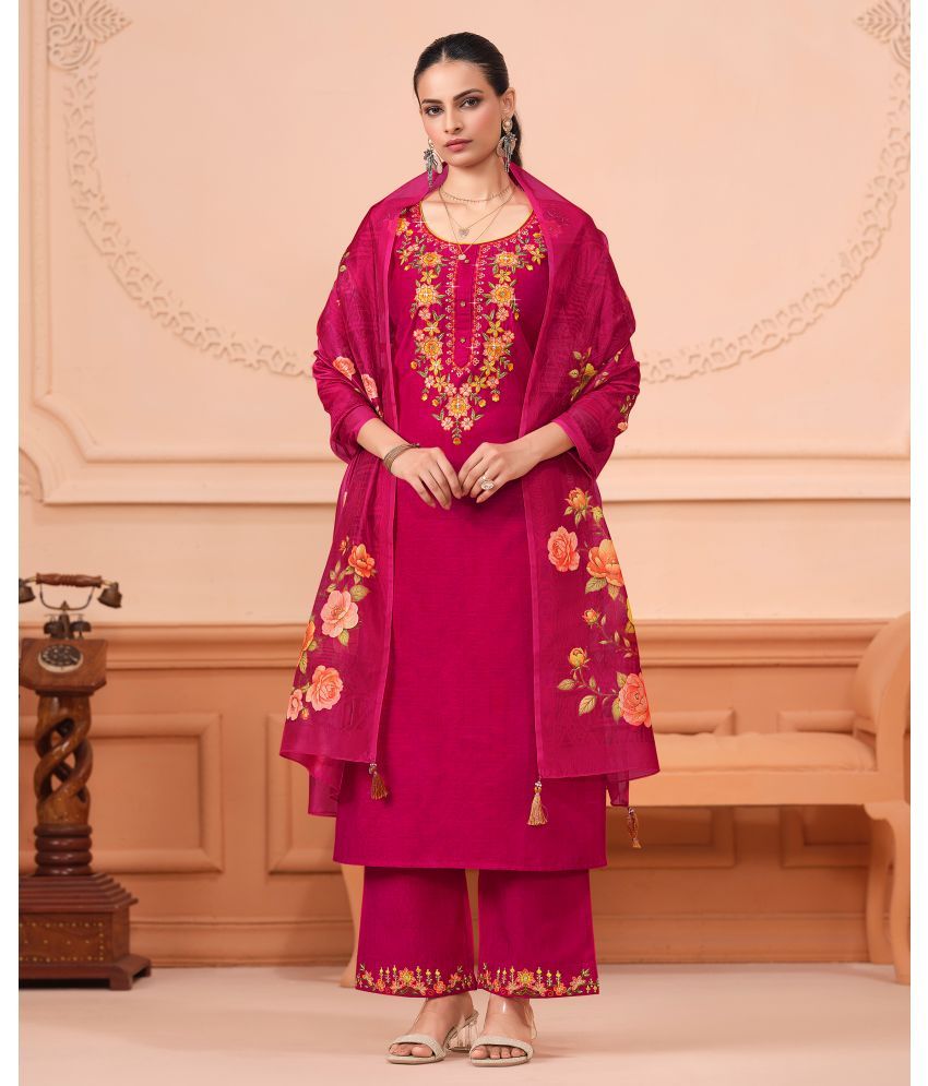     			MOJILAA Viscose Embroidered Kurti With Palazzo Women's Stitched Salwar Suit - Pink ( Pack of 1 )