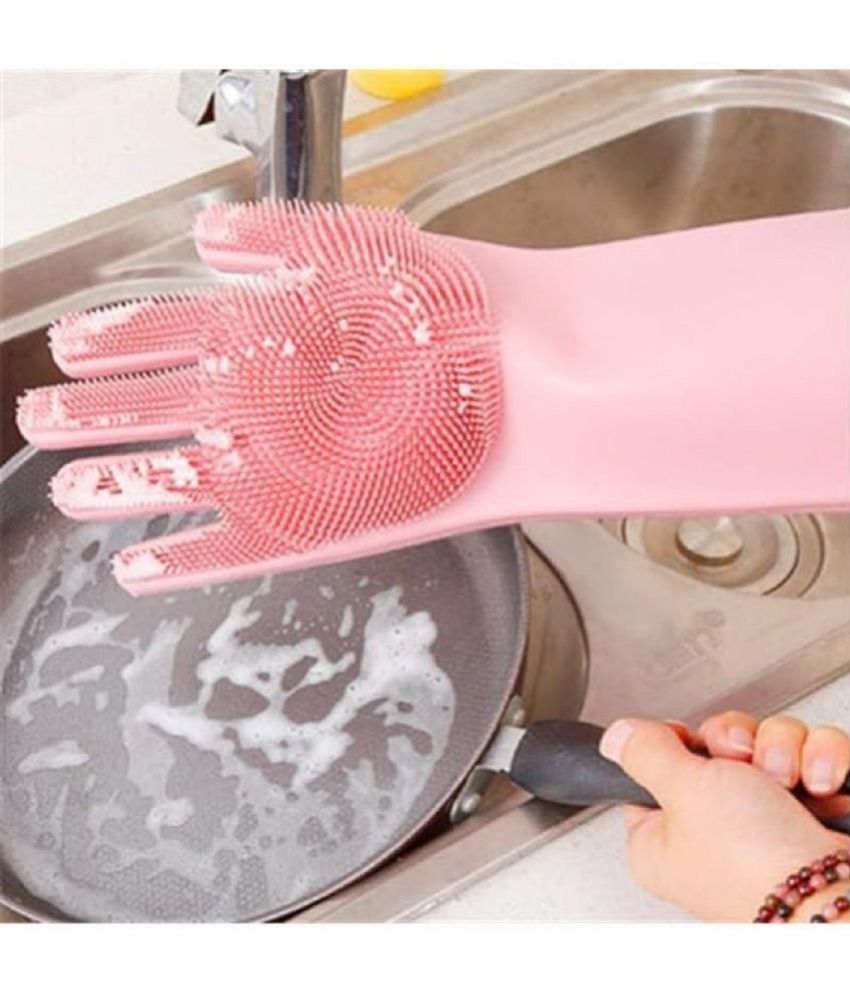     			Gjshop Peach Silicone Free Size Cleaning Glove Set ( Pack of 1 )