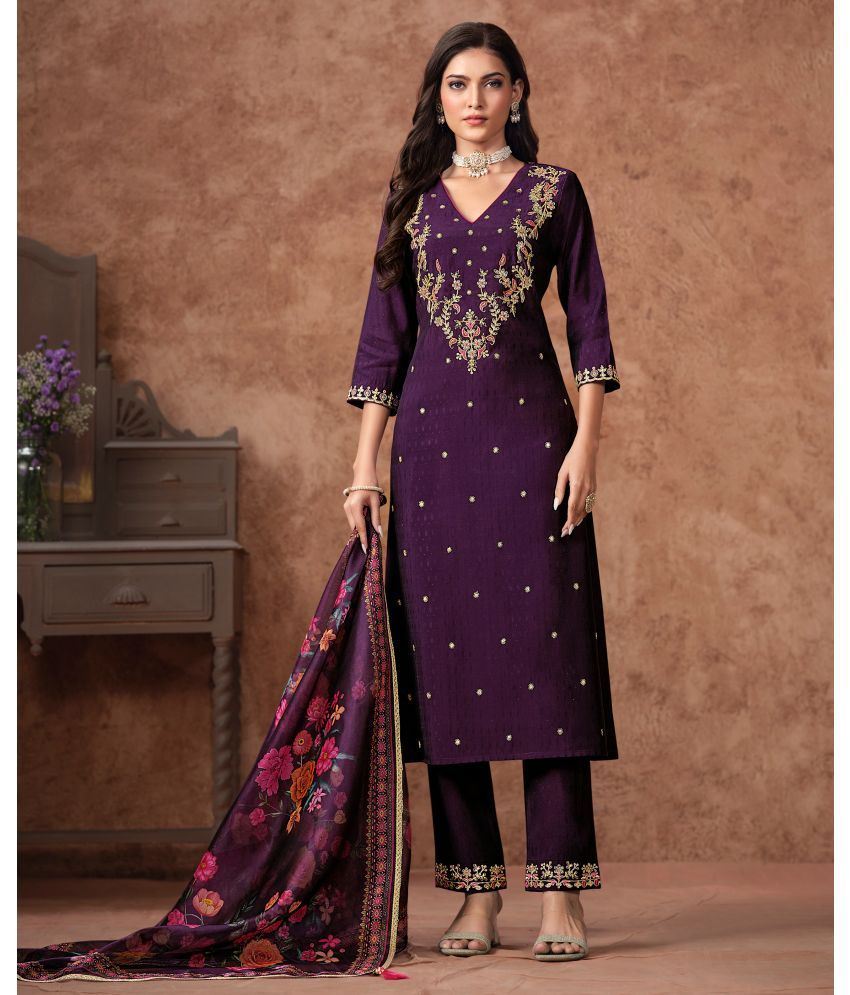     			MOJILAA Viscose Embroidered Kurti With Pants Women's Stitched Salwar Suit - Purple ( Pack of 1 )