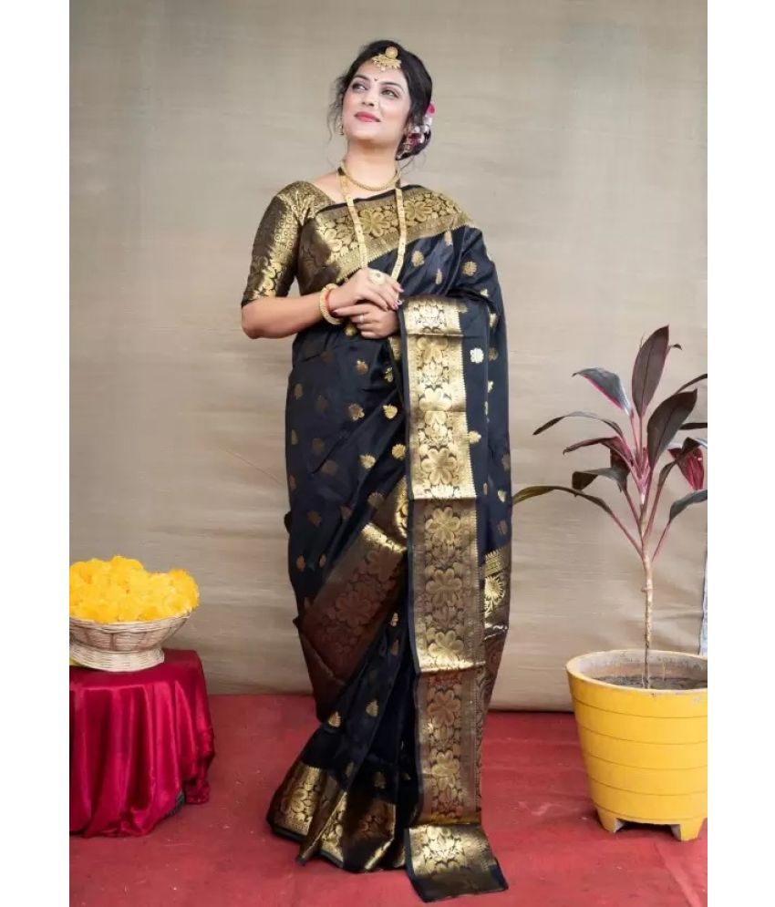     			Saadhvi Silk Woven Saree With Blouse Piece ( Black , Pack of 1 )