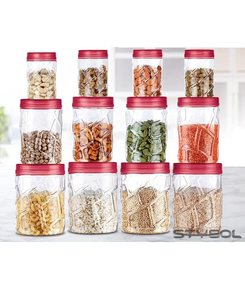     			Stysol 12 Jar Container  Plastic Red Dal Container ( Set of 12 )