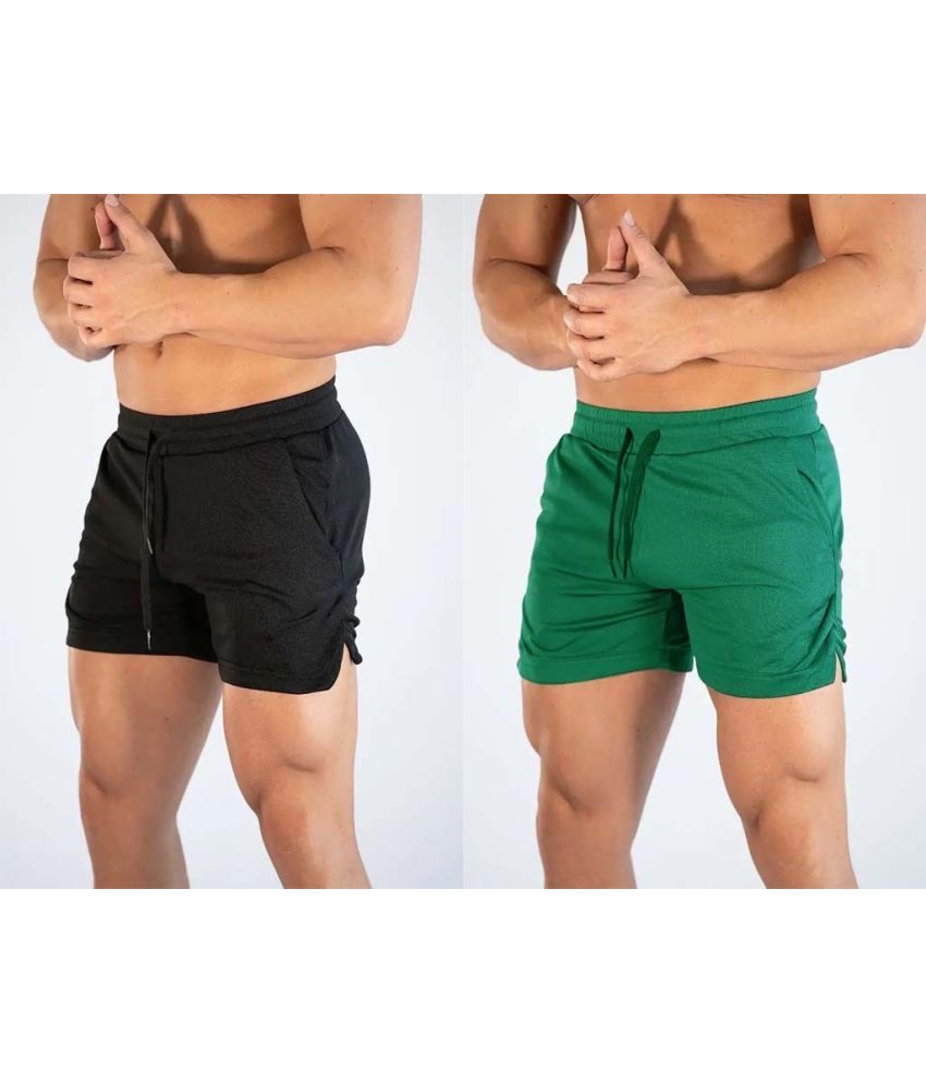     			THE PLANET COOL Black Cotton Lycra Men's Gym Shorts ( Pack of 2 )