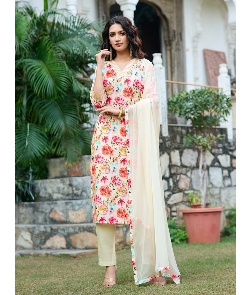     			VIBE VISION Silk Blend Printed Kurti With Pants Women's Stitched Salwar Suit - Cream ( Pack of 1 )