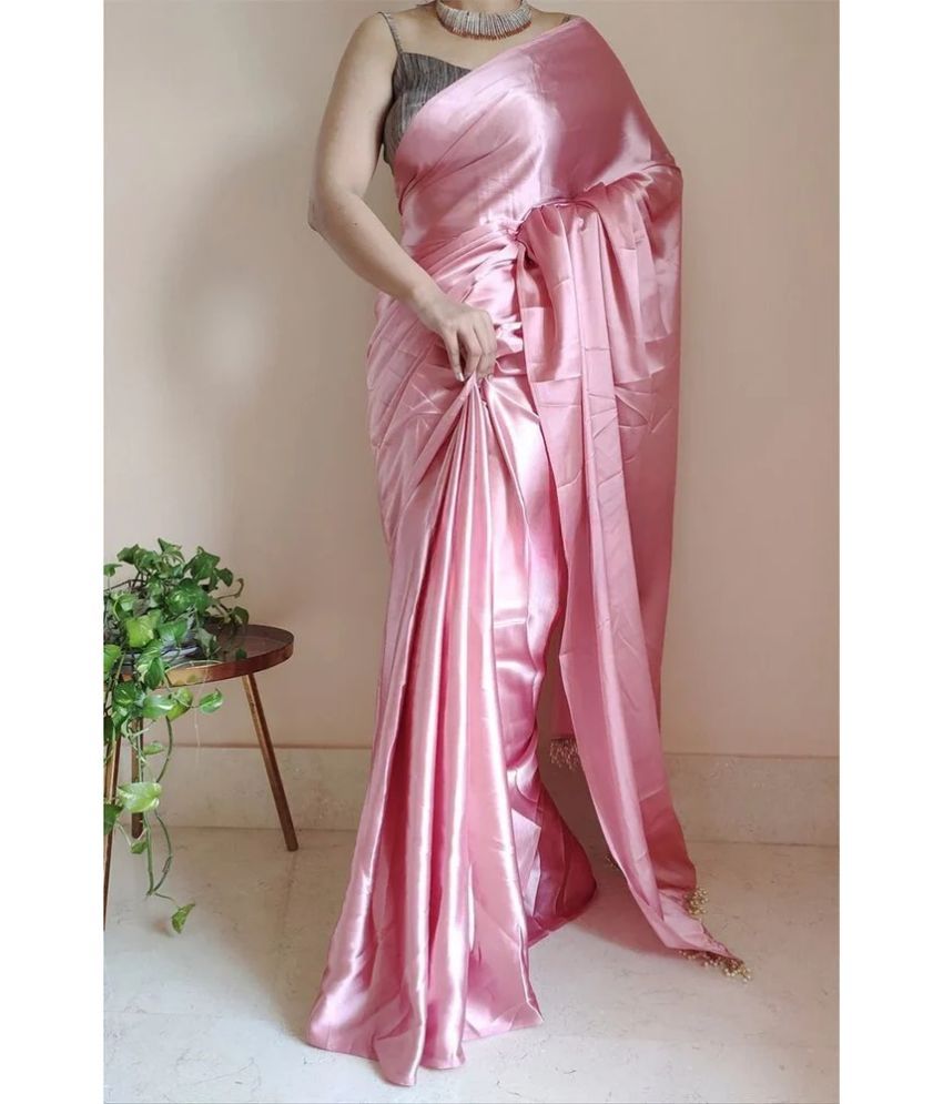     			Vkaran Satin Solid Saree With Blouse Piece ( Pink , Pack of 1 )