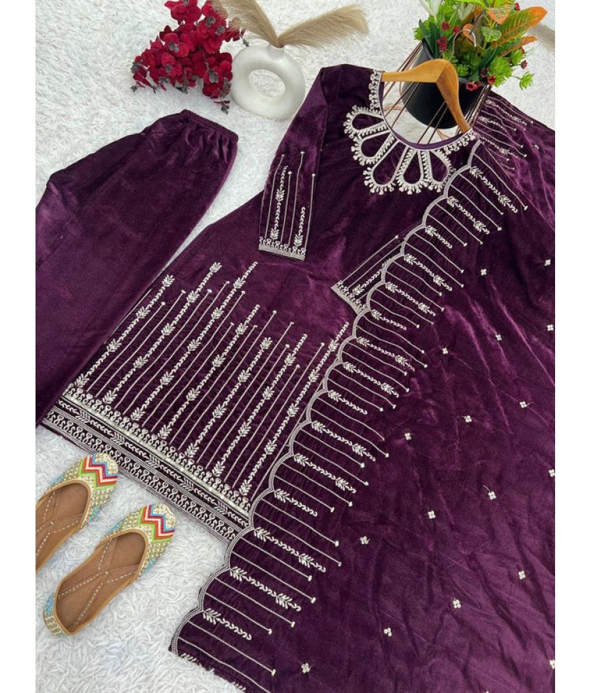     			BHAGYASHRAY Velvet Embellished Kurti With Pants Women's Stitched Salwar Suit - Wine ( Pack of 1 )