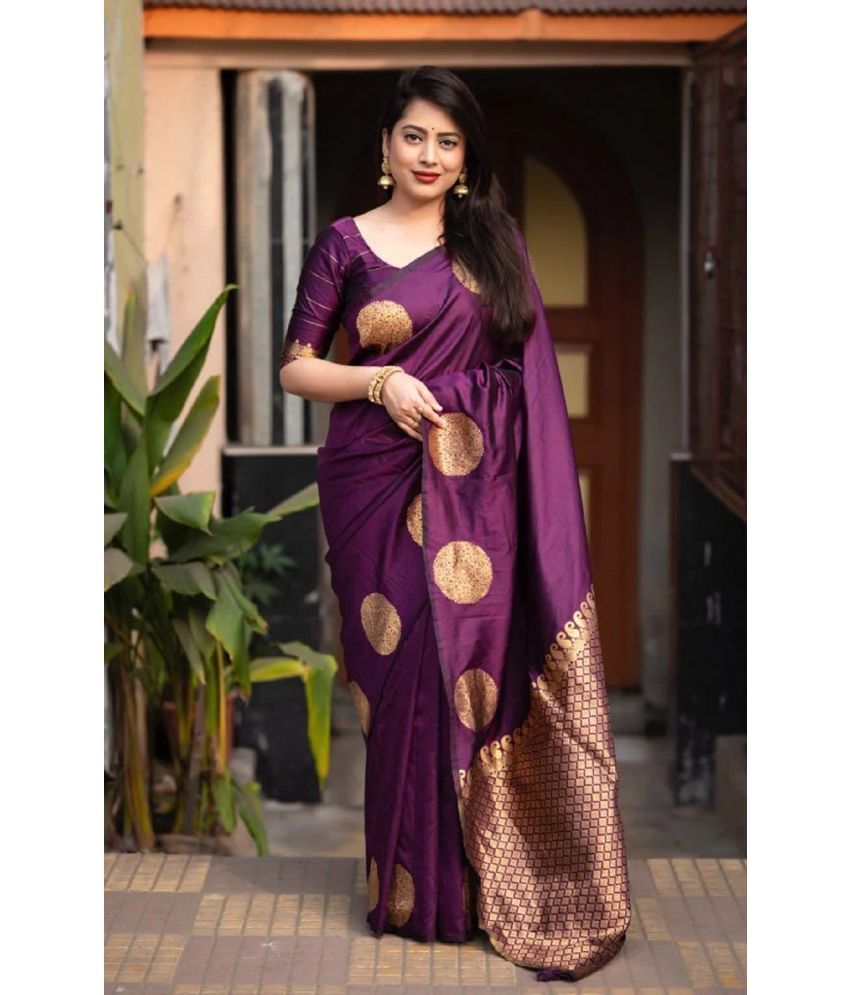     			KV Fashion Banarasi Silk Embellished Saree With Blouse Piece ( Purple , Pack of 1 )