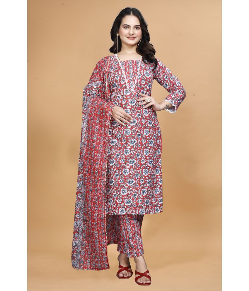     			Sanwariya Silks Cotton Printed Kurti With Pants Women's Stitched Salwar Suit - Red ( Pack of 1 )