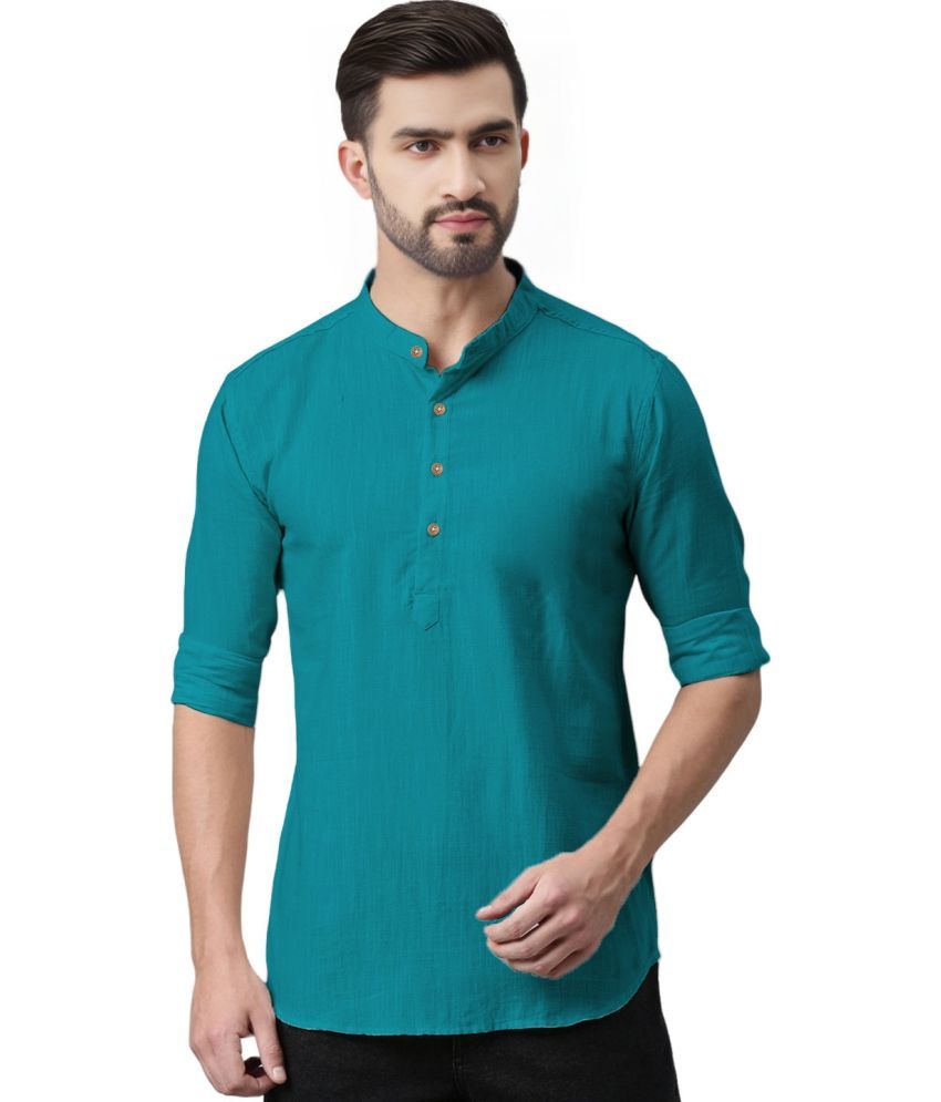     			Trendi Vastra Teal Cotton Blend Men's Shirt Style Kurta ( Pack of 1 )