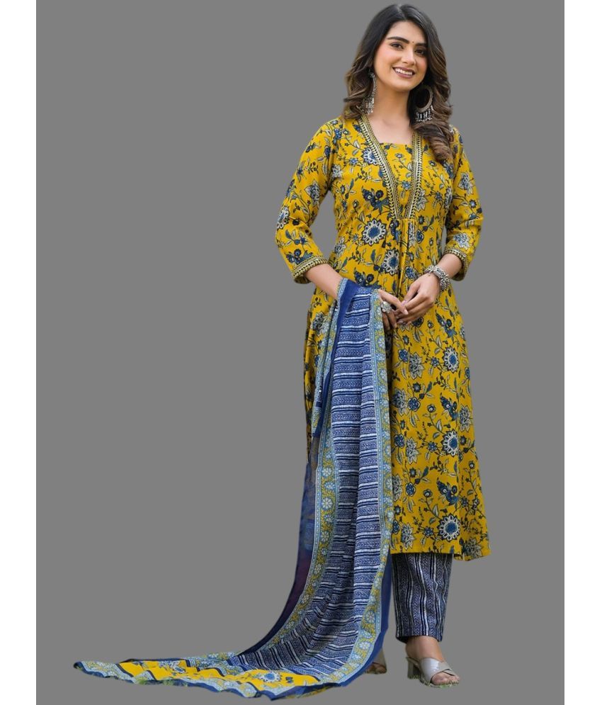     			KV Fashion Cotton Printed Kurti With Pants Women's Stitched Salwar Suit - Yellow ( Pack of 1 )