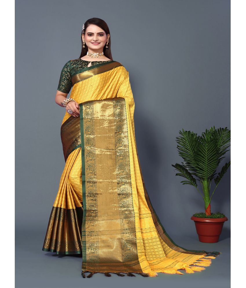     			KV Fashion Silk Solid Saree With Blouse Piece ( Yellow , Pack of 1 )