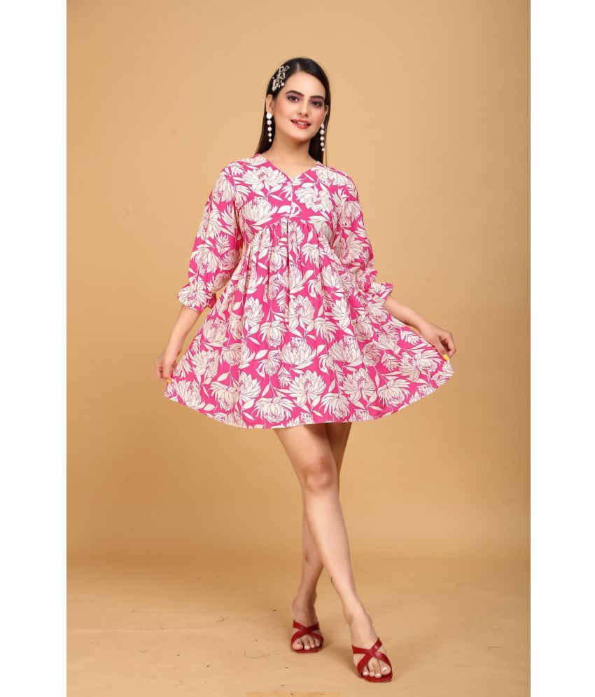     			MEHUL TEXTILE / MVC GROUP OF COMPANY Rayon Printed Above Knee Women's Fit & Flare Dress - Pink ( Pack of 1 )