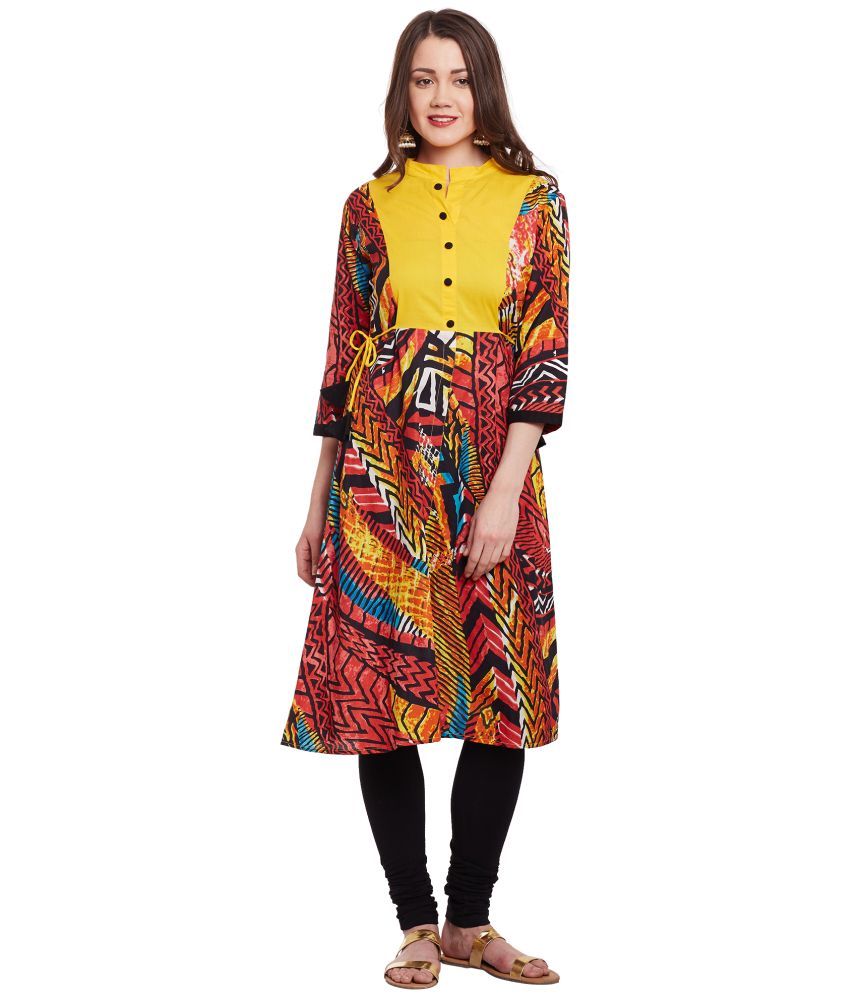     			Pannkh Pack of 1 Cotton Printed Asymmetrical Women's Kurti - ( Yellow )