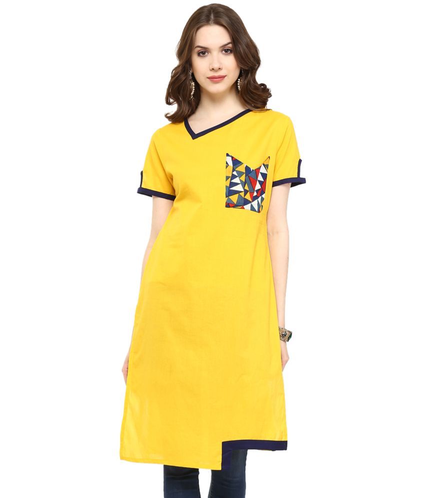     			Pannkh Pack of 1 Cotton Printed Asymmetrical Women's Kurti - ( Yellow )