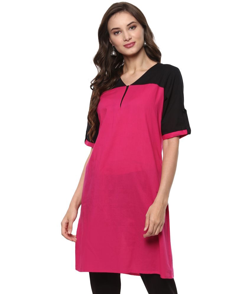     			Pannkh Pack of 1 Cotton Solid Asymmetrical Women's Kurti - ( Pink )