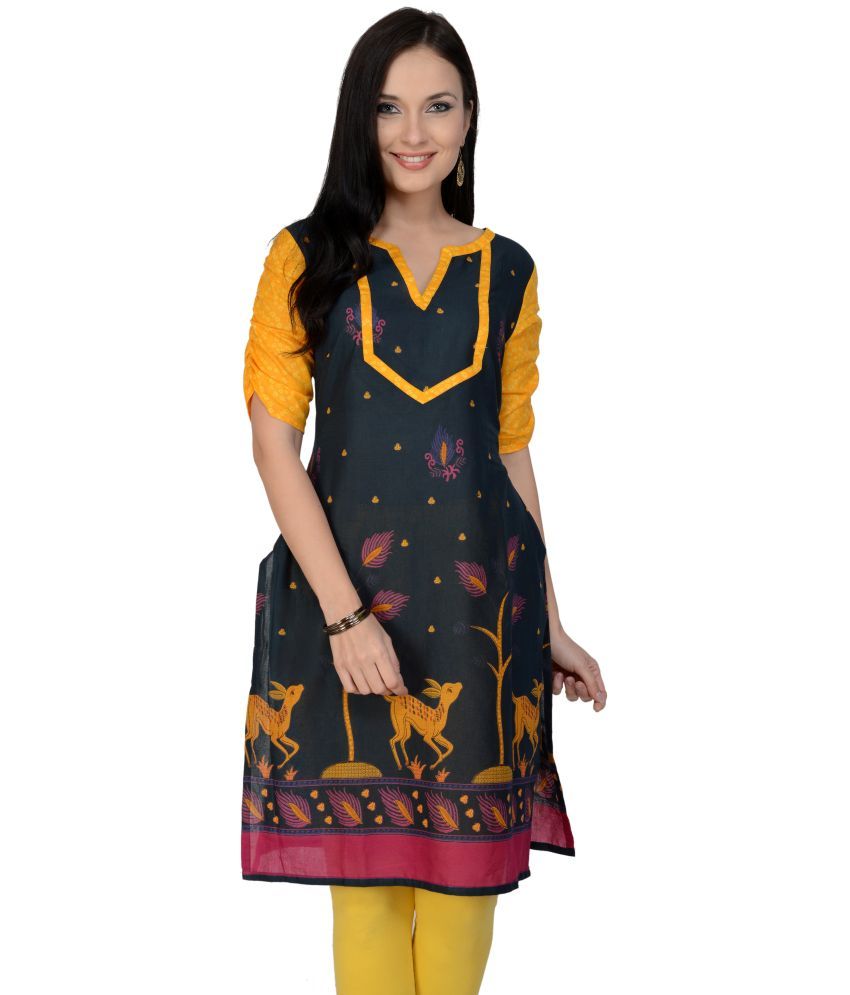     			Pannkh Pack of 1 Cotton Printed Asymmetrical Women's Kurti - ( Navy Blue )