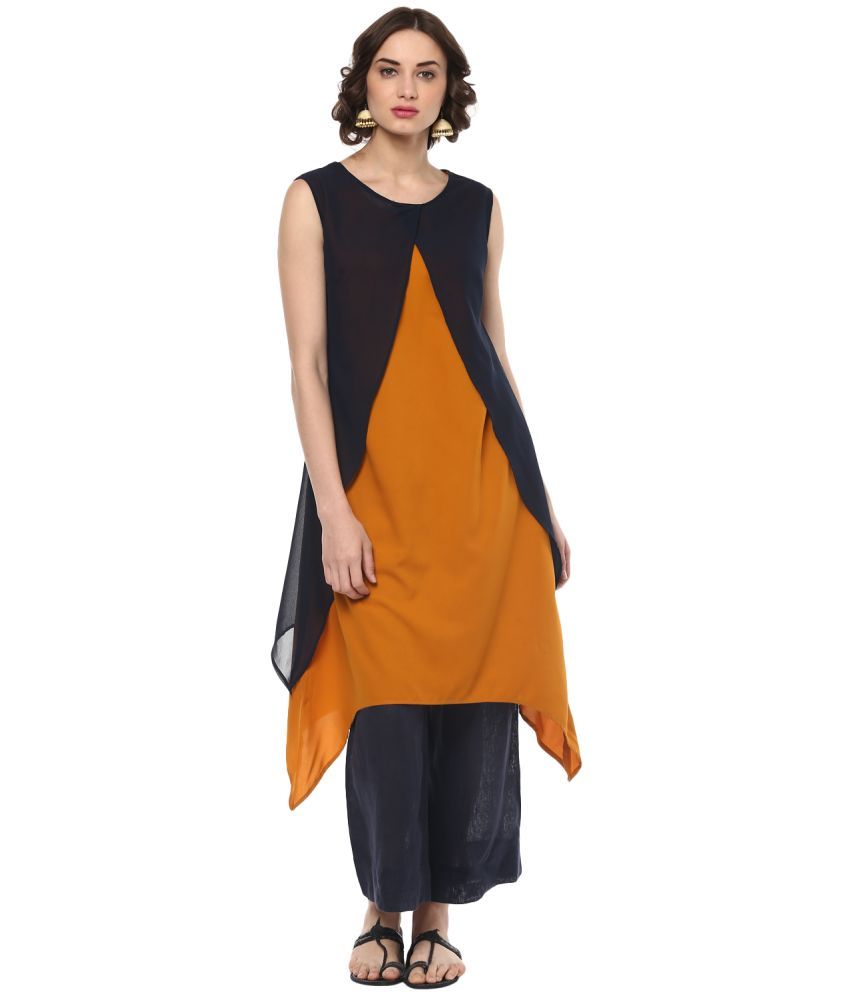     			Pannkh Pack of 1 Crepe Colorblock Asymmetrical Women's Kurti - ( Navy Blue )