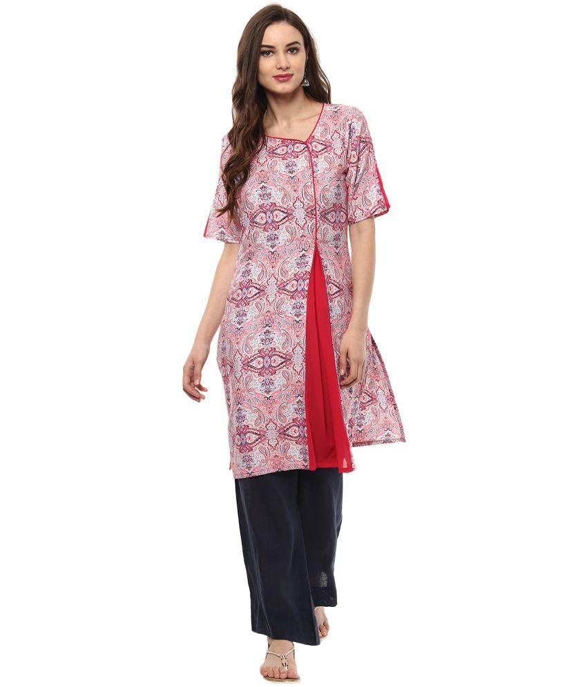     			Pannkh Pack of 1 Polyester Printed Asymmetrical Women's Kurti - ( Pink )