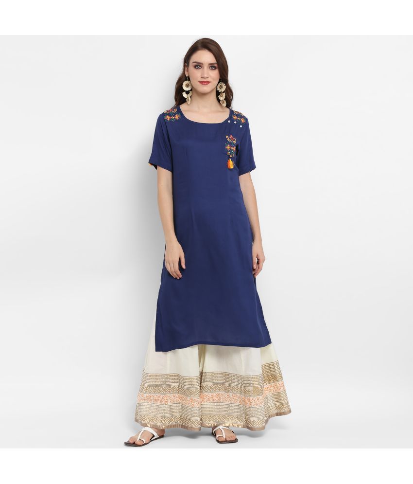     			Pannkh Pack of 1 Rayon Colorblock Asymmetrical Women's Kurti - ( Navy Blue )