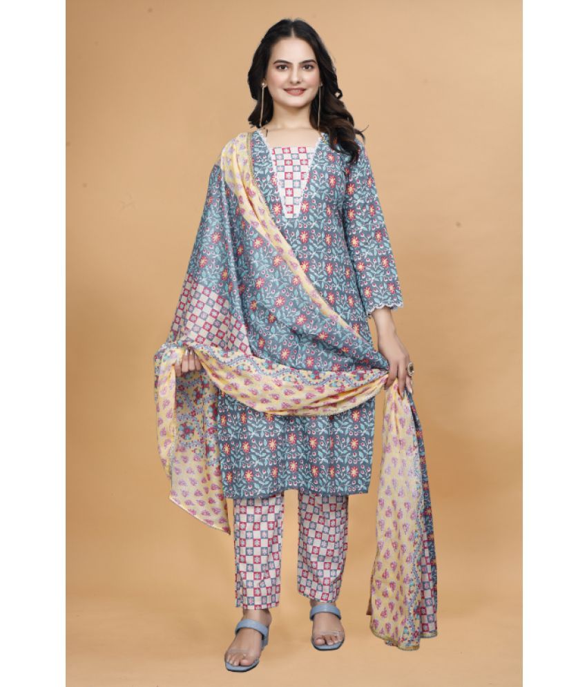     			Sanjana Silks Cotton Printed Kurti With Pants Women's Stitched Salwar Suit - Light Grey ( Pack of 1 )