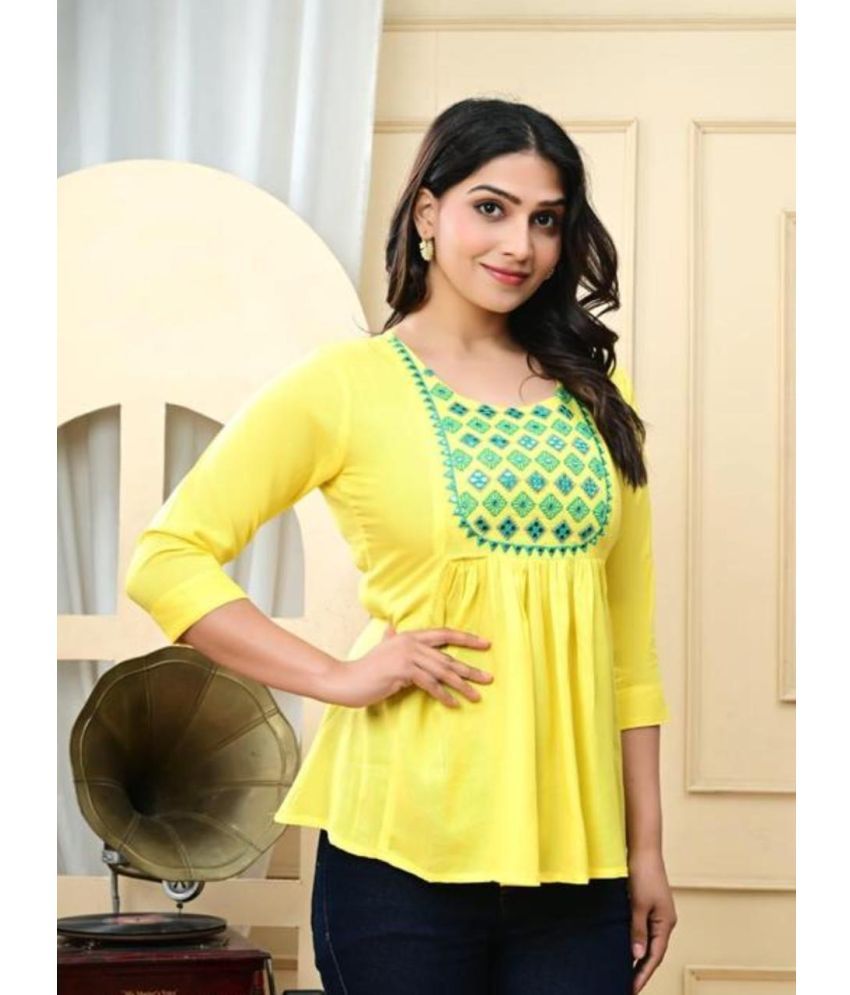     			Shree Jee Fashion Pack of 1 Rayon Embroidered A-line Women's Kurti - ( Yellow )